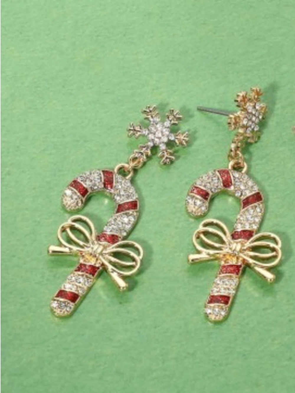 Gold Snowflake Bow Christmas Candy Cane Drop Earrings